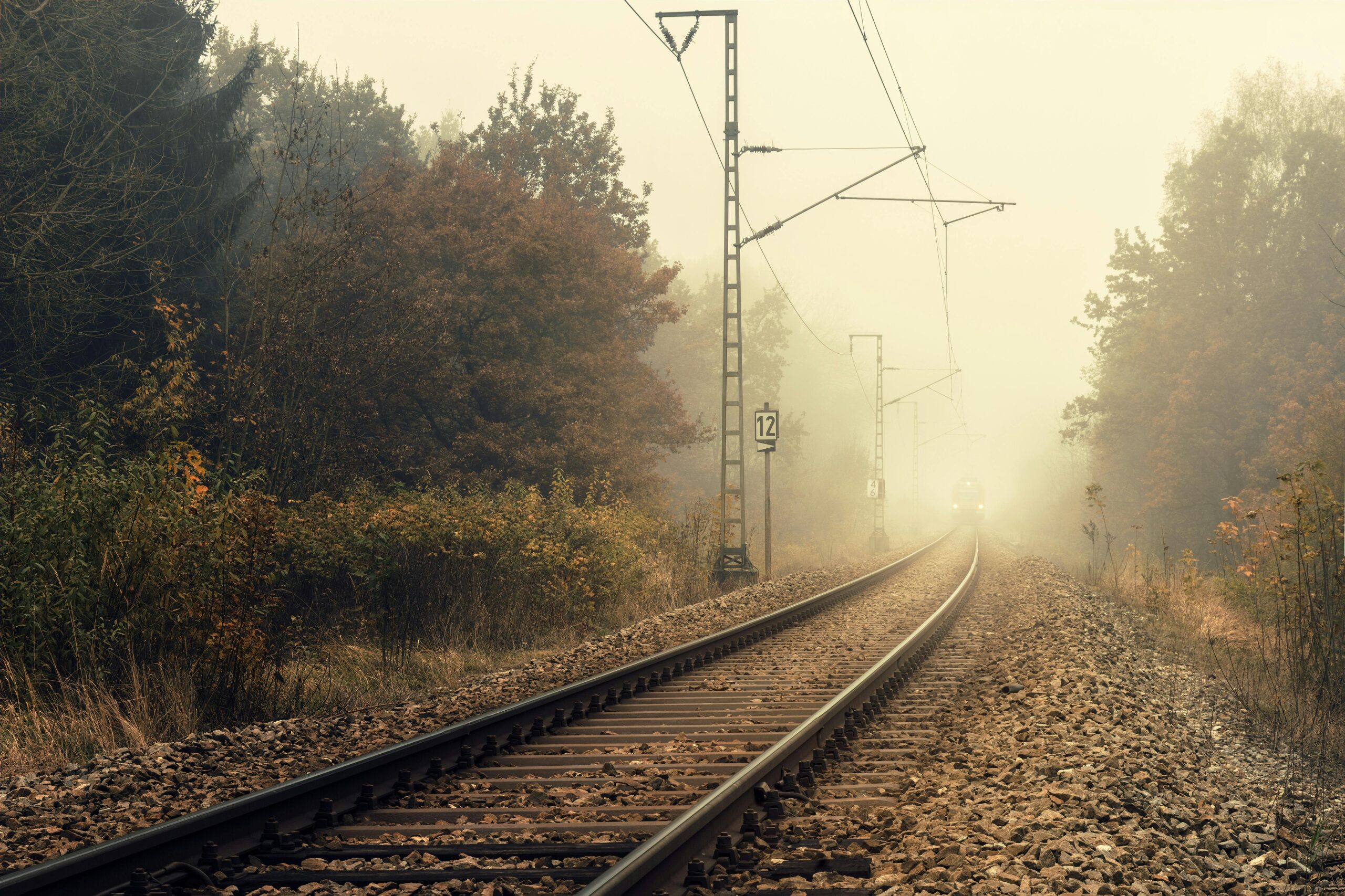 Foggy autumn scene of railway tracks disappearing into mist amidst colorful trees.