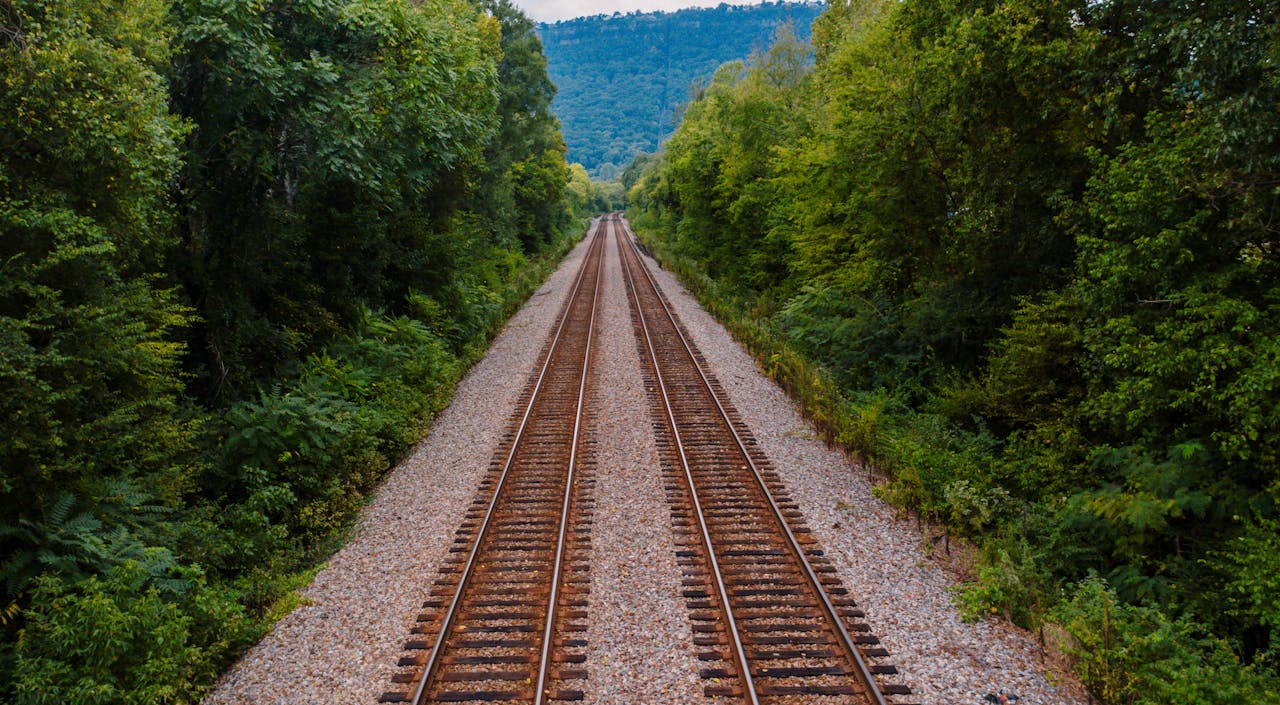 The Art of Drawing Readers In: Your attractive post title goes here Picturesque scenery of straight empty railroad tracks located amidst lush green forest in mountainous terrain